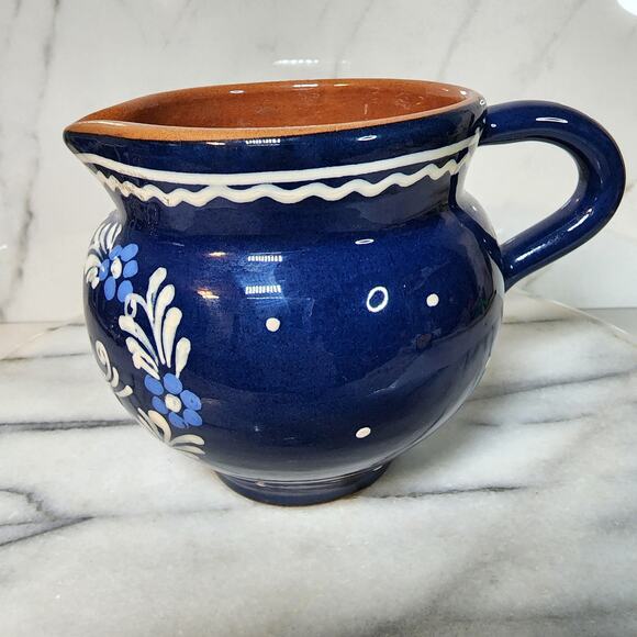 Artist Signed Vintage Blue Art Pottery Pitcher Floral Love Birds Boho Folk Art - Picture 5 of 9